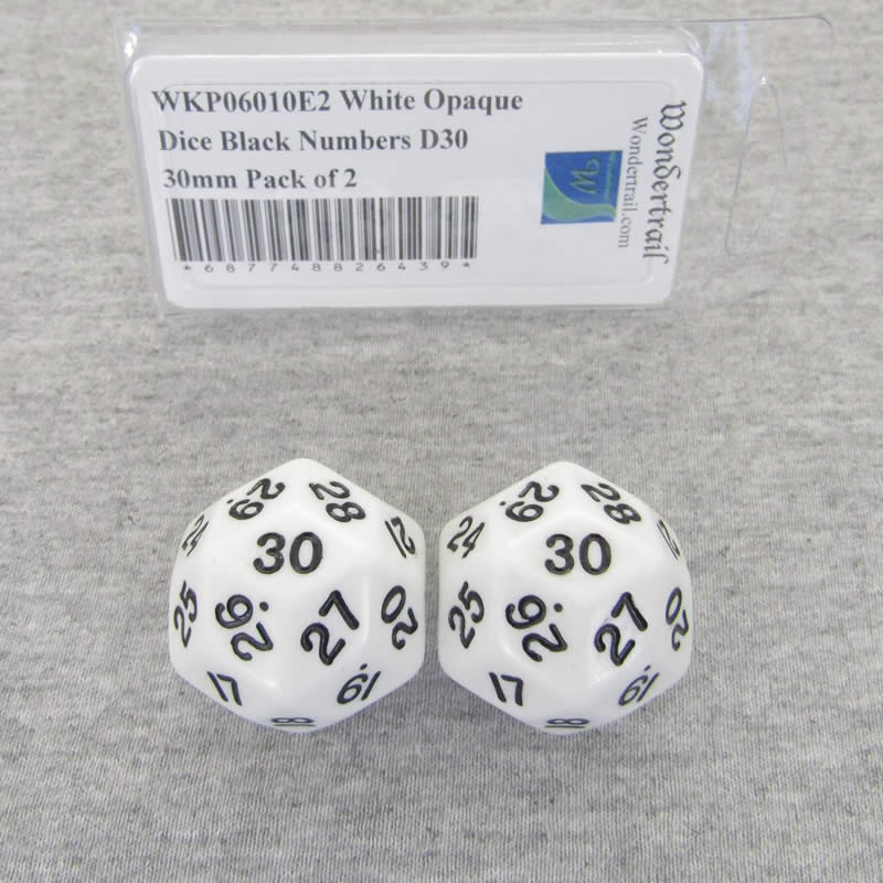 WKP06010E2 White Opaque Dice Black Numbers D30 30mm Pack of 2 (ONLINE ORDER ONLY)
