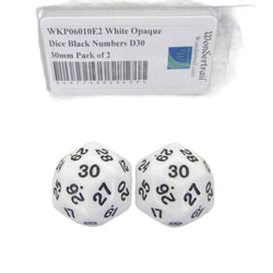 WKP06010E2 White Opaque Dice Black Numbers D30 30mm Pack of 2 (ONLINE ORDER ONLY)