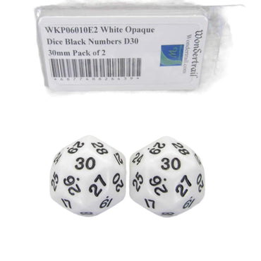 WKP06010E2 White Opaque Dice Black Numbers D30 30mm Pack of 2 (ONLINE ORDER ONLY)