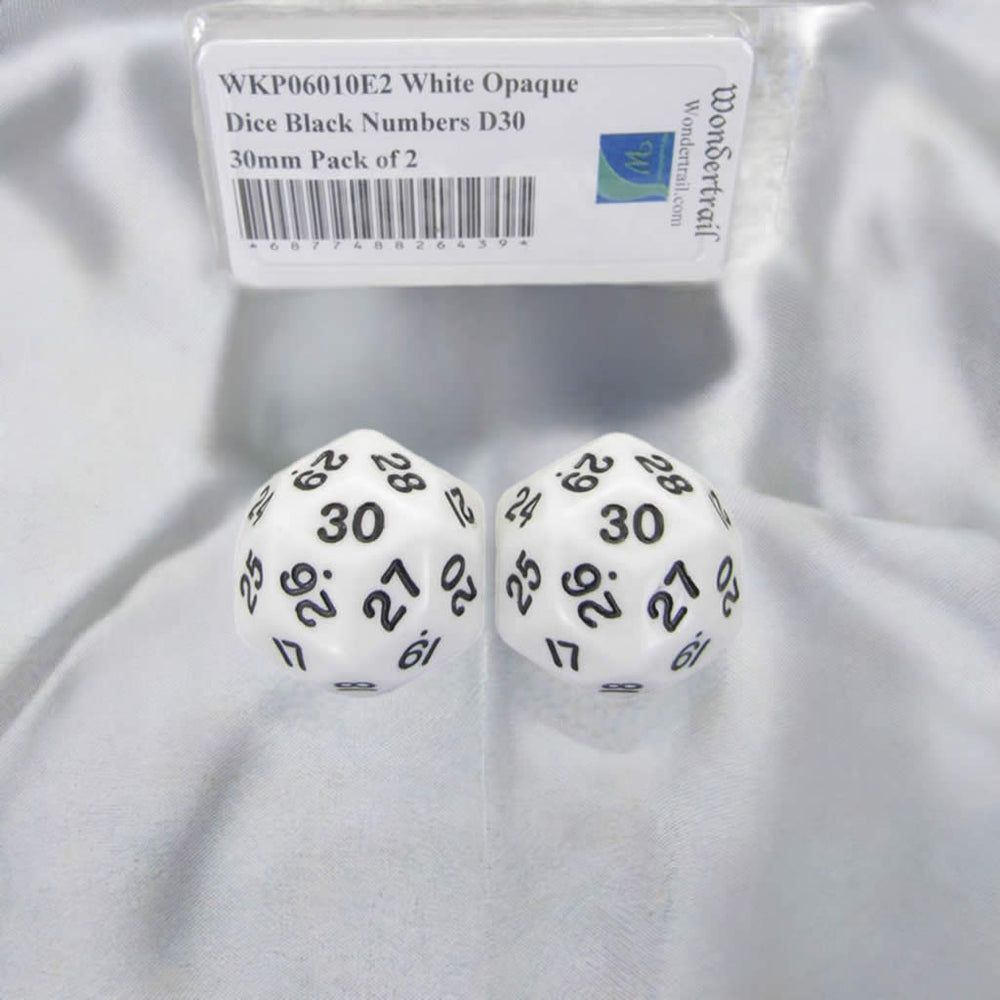 WKP06010E2 White Opaque Dice Black Numbers D30 30mm Pack of 2 (ONLINE ORDER ONLY)