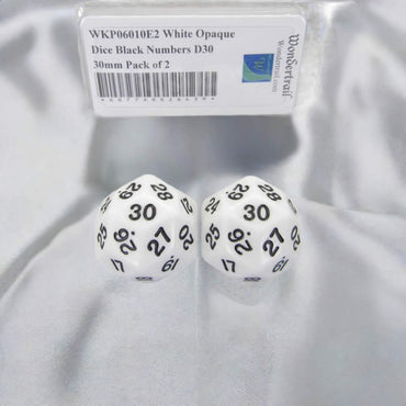 WKP06010E2 White Opaque Dice Black Numbers D30 30mm Pack of 2 (ONLINE ORDER ONLY)