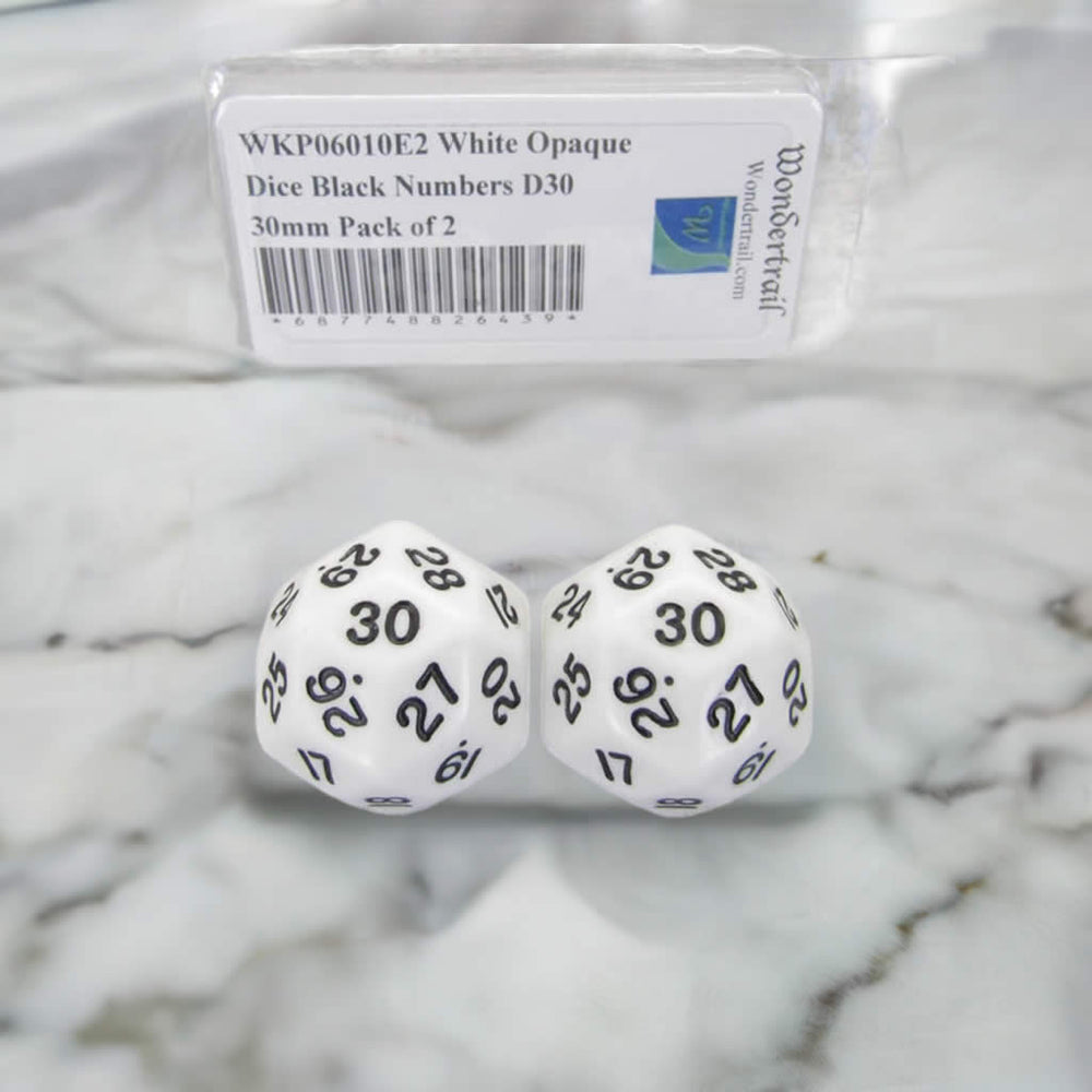 WKP06010E2 White Opaque Dice Black Numbers D30 30mm Pack of 2 (ONLINE ORDER ONLY)
