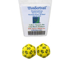 WKP06011E2 Yellow Opaque Dice Black Numbers D30 30mm Pack of 2 (ONLINE ORDER ONLY)