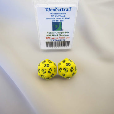 WKP06011E2 Yellow Opaque Dice Black Numbers D30 30mm Pack of 2 (ONLINE ORDER ONLY)