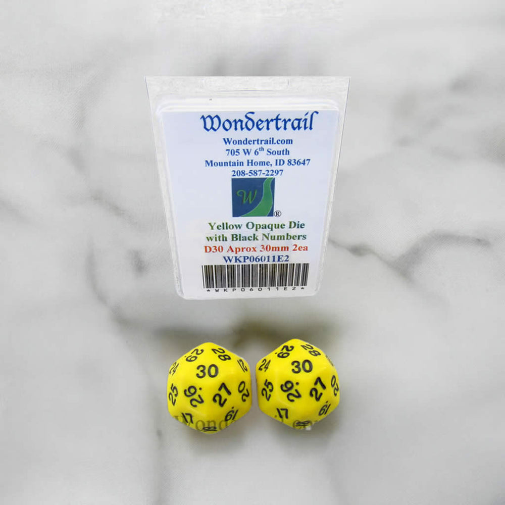 WKP06011E2 Yellow Opaque Dice Black Numbers D30 30mm Pack of 2 (ONLINE ORDER ONLY)