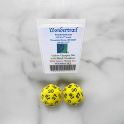 WKP06011E2 Yellow Opaque Dice Black Numbers D30 30mm Pack of 2 (ONLINE ORDER ONLY)