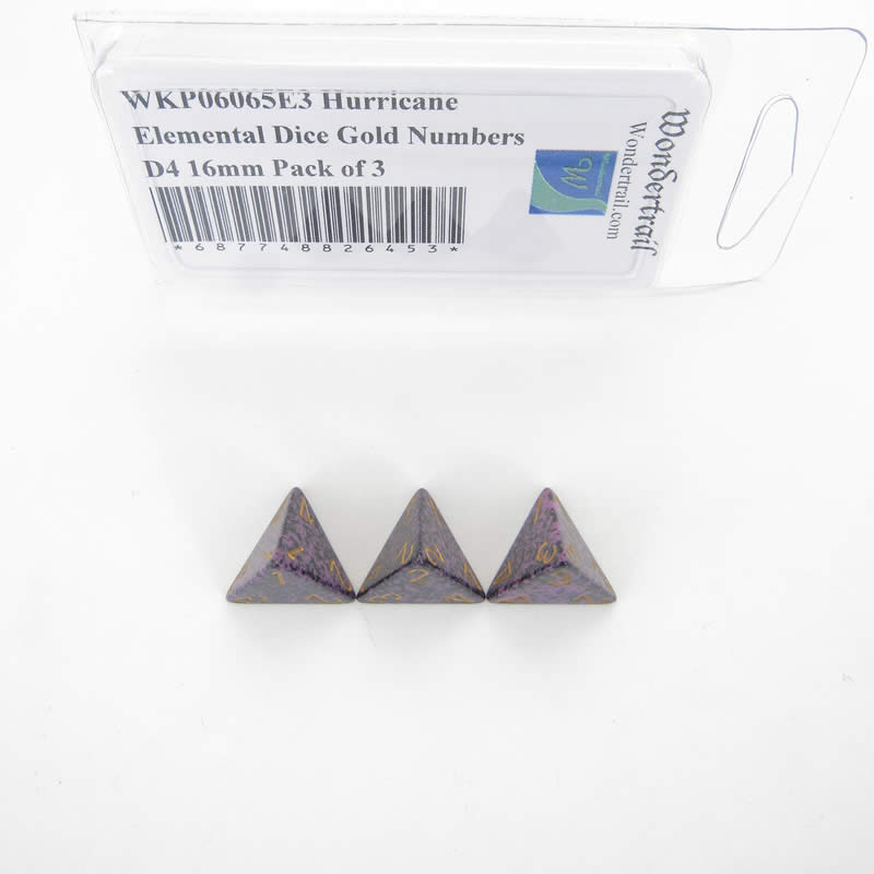 WKP06065E3 Hurricane Elemental Dice Gold Numbers D4 16mm Pack of 3 (ONLINE ORDER ONLY)