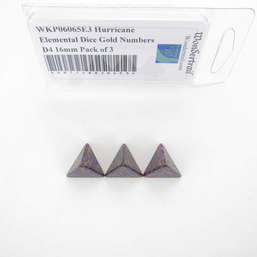 WKP06065E3 Hurricane Elemental Dice Gold Numbers D4 16mm Pack of 3 (ONLINE ORDER ONLY)