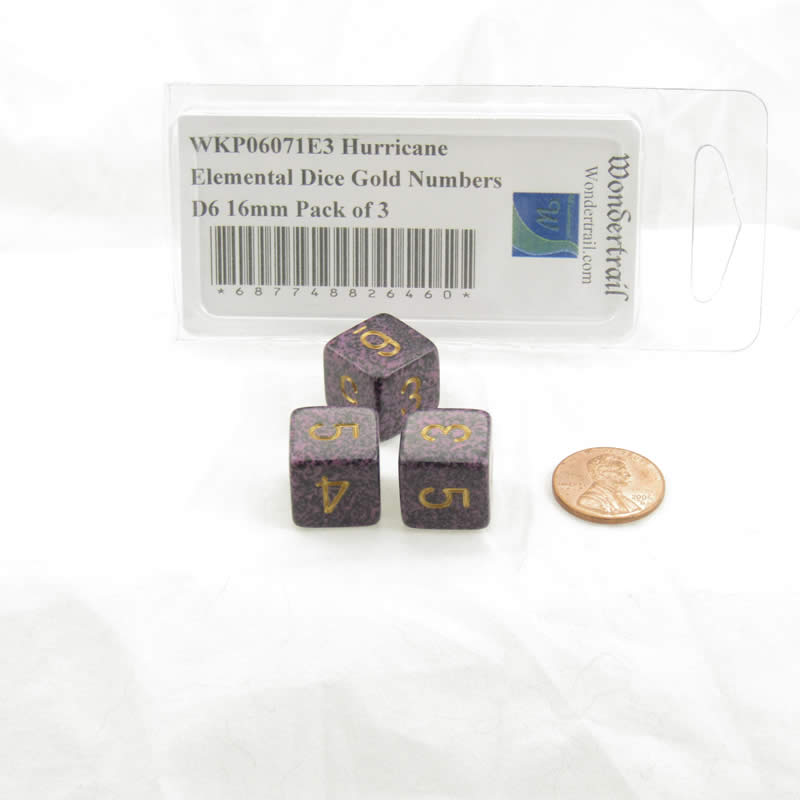 WKP06071E3 Hurricane Elemental Dice Gold Numbers D6 16mm Pack of 3 (ONLINE ORDER ONLY)