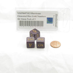 WKP06071E3 Hurricane Elemental Dice Gold Numbers D6 16mm Pack of 3 (ONLINE ORDER ONLY)