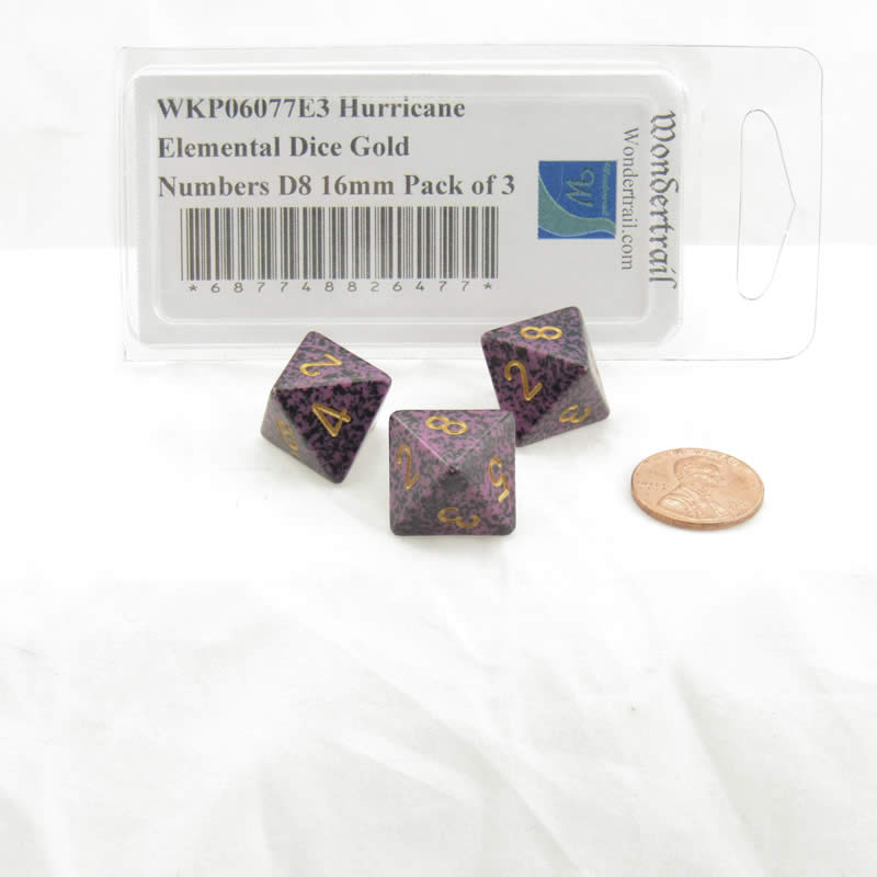 WKP06077E3 Hurricane Elemental Dice Gold Numbers D8 16mm Pack of 3 (ONLINE ORDER ONLY)