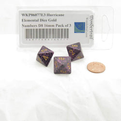 WKP06077E3 Hurricane Elemental Dice Gold Numbers D8 16mm Pack of 3 (ONLINE ORDER ONLY)