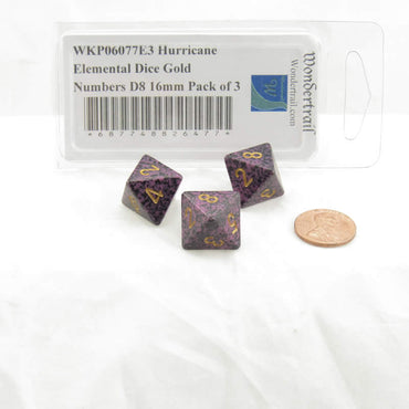 WKP06077E3 Hurricane Elemental Dice Gold Numbers D8 16mm Pack of 3 (ONLINE ORDER ONLY)