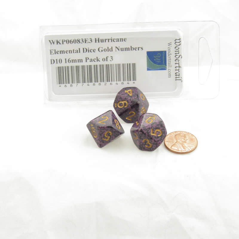 WKP06083E3 Hurricane Elemental Dice Gold Numbers D10 16mm Pack of 3 (ONLINE ORDER ONLY)