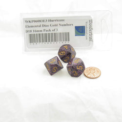 WKP06083E3 Hurricane Elemental Dice Gold Numbers D10 16mm Pack of 3 (ONLINE ORDER ONLY)