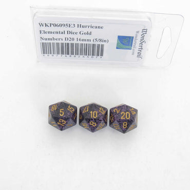 WKP06095E3 Hurricane Elemental Dice Gold Numbers D20 16mm Pack of 3 (ONLINE ORDER ONLY)