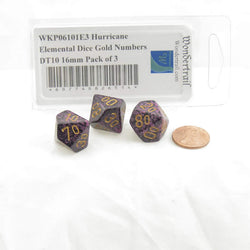 WKP06101E3 Hurricane Elemental Dice Gold Numbers DT10 16mm Pack of 3 (ONLINE ORDER ONLY)