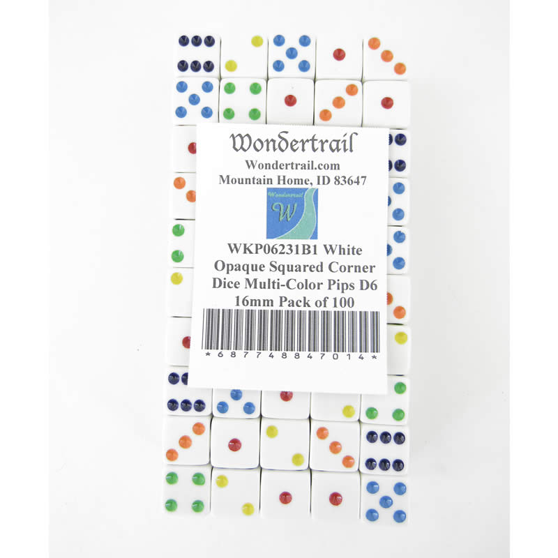 WKP06231B1 White Opaque Squared Corner Dice Multi-Color Pips D6 16mm Pack of 100 (ONLINE ORDER ONLY)