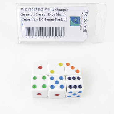 WKP06231E6 White Opaque Squared Corner Dice Multi-Color Pips D6 16mm Pack of 6 (ONLINE ORDER ONLY)