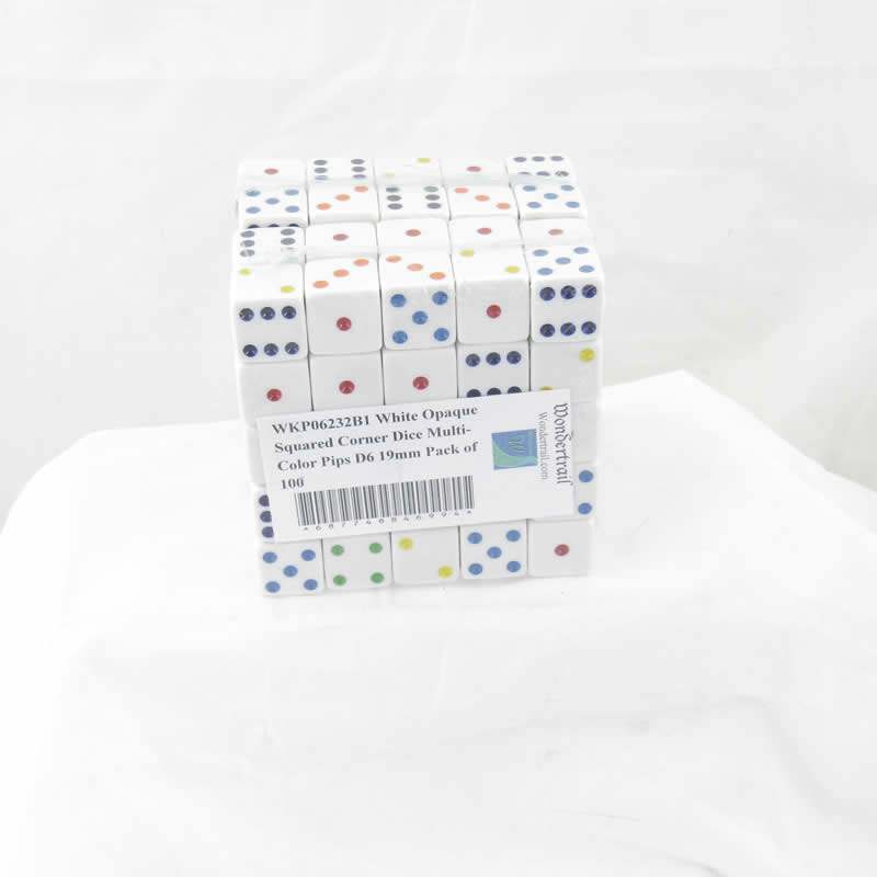 WKP06232B1 White Opaque Squared Corner Dice Multi-Color Pips D6 19mm Pack of 100 (ONLINE ORDER ONLY)