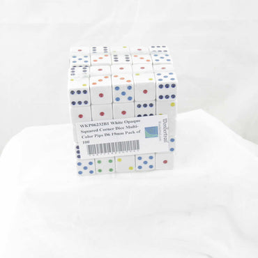 WKP06232B1 White Opaque Squared Corner Dice Multi-Color Pips D6 19mm Pack of 100 (ONLINE ORDER ONLY)