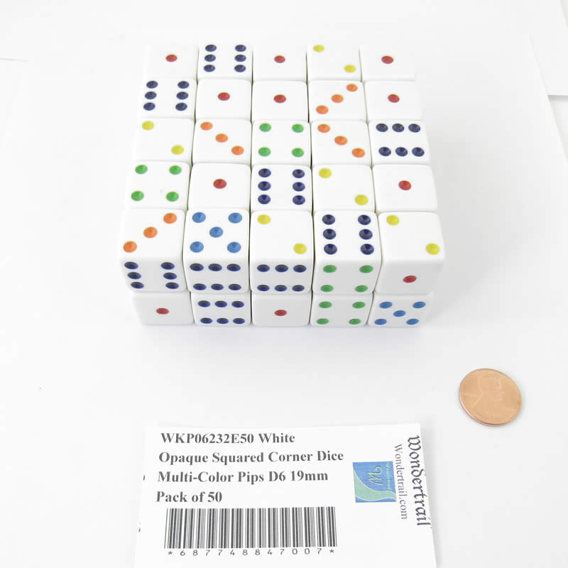 WKP06232E50 White Opaque Squared Corner Dice Multi-Color Pips D6 19mm Pack of 50 (ONLINE ORDER ONLY)