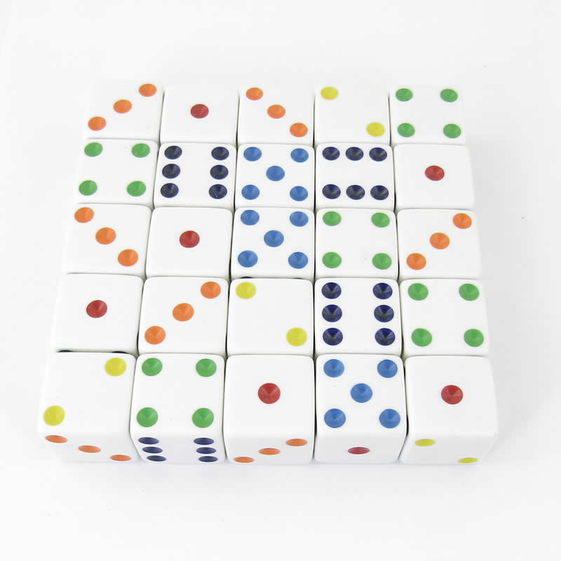 WKP06233E25 White Opaque Squared Corner Dice Multi-Color Pips D6 25mm Pack of 25 (ONLINE ORDER ONLY)