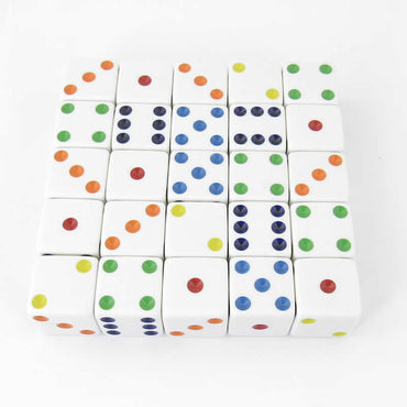 WKP06233E25 White Opaque Squared Corner Dice Multi-Color Pips D6 25mm Pack of 25 (ONLINE ORDER ONLY)