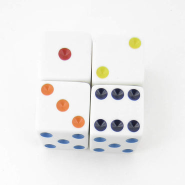 WKP06233E4 White Opaque Squared Corner Dice Multi-Color Pips D6 25mm Pack of 4 (ONLINE ORDER ONLY)