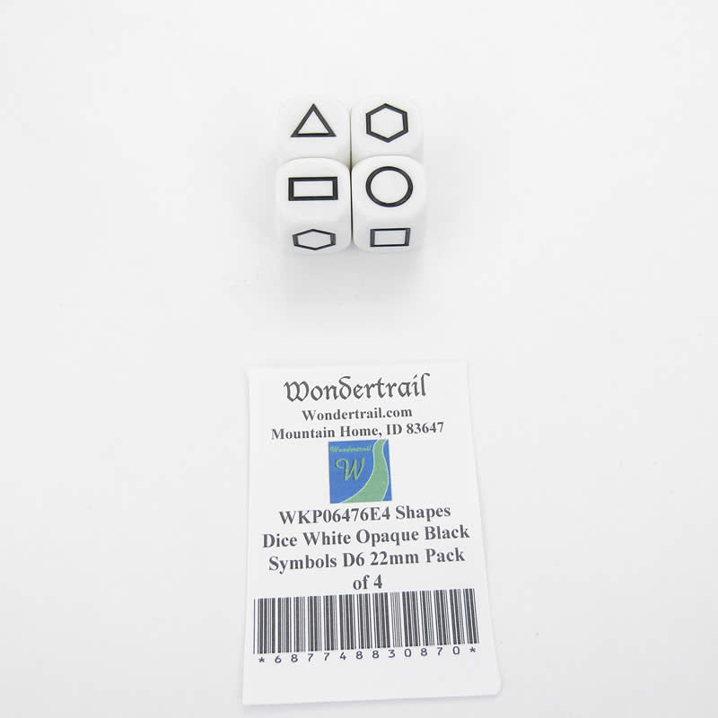 WKP06476E4 Shapes Dice White Opaque Black Symbols D6 22mm Pack of 4 (ONLINE ORDER ONLY)