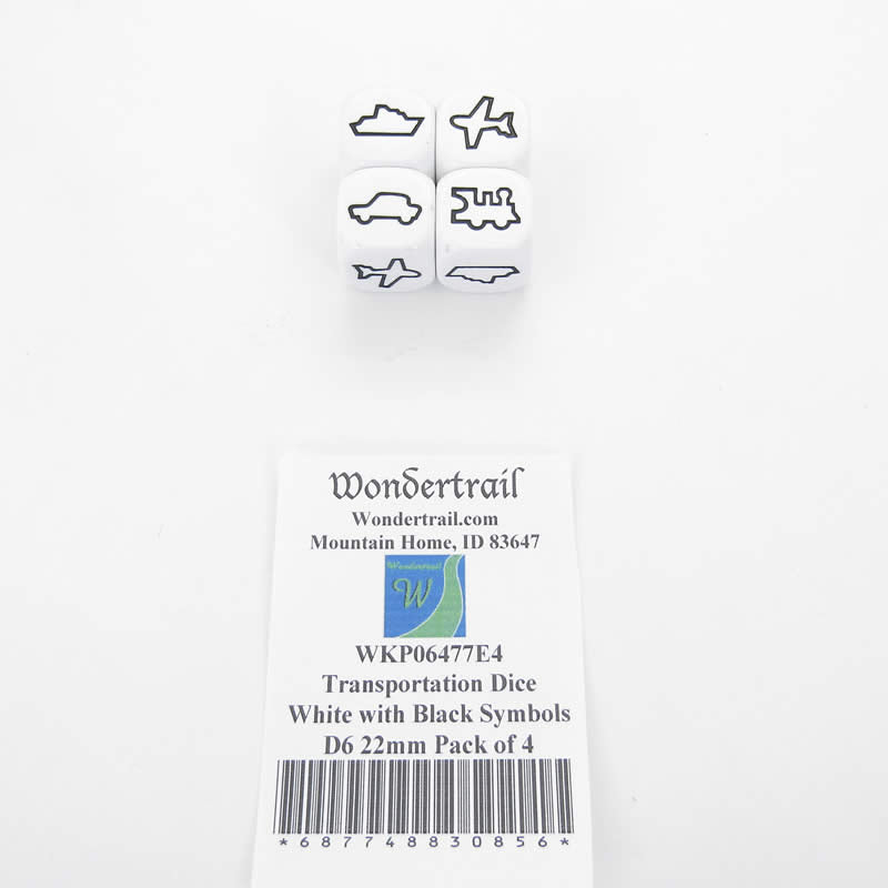WKP06477E4 Transportation Dice White with Black Symbols D6 22mm Pack of 4 (ONLINE ORDER ONLY)