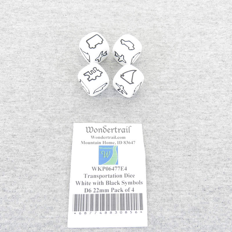 WKP06477E4 Transportation Dice White with Black Symbols D6 22mm Pack of 4 (ONLINE ORDER ONLY)