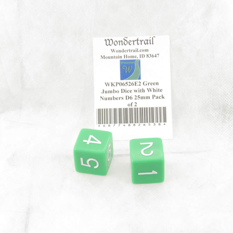 WKP06526E2 Green Jumbo Dice with White Numbers D6 25mm Pack of 2 (ONLINE ORDER ONLY)