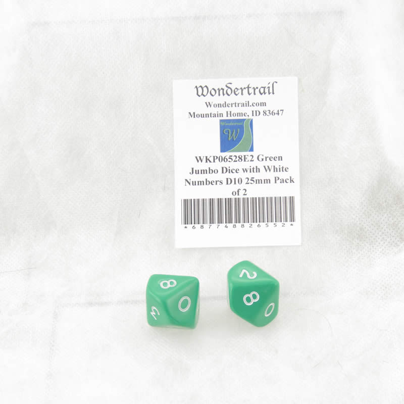 WKP06528E2 Green Jumbo Dice with White Numbers D10 25mm Pack of 2 (ONLINE ORDER ONLY)