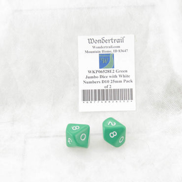 WKP06528E2 Green Jumbo Dice with White Numbers D10 25mm Pack of 2 (ONLINE ORDER ONLY)