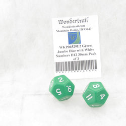 WKP06529E2 Green Jumbo Dice with White Numbers D12 30mm Pack of 2 (ONLINE ORDER ONLY)