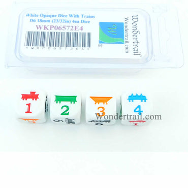 WKP06572E4 Train Dice D6 White Opaque Different Color Trains 18mm Set of 4 (ONLINE ORDER ONLY)