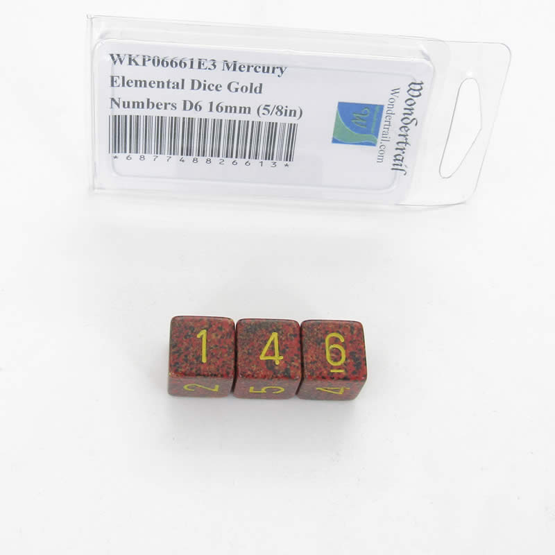 WKP06661E3 Mercury Elemental Dice Gold Numbers D6 16mm Pack of 3 (ONLINE ORDER ONLY)