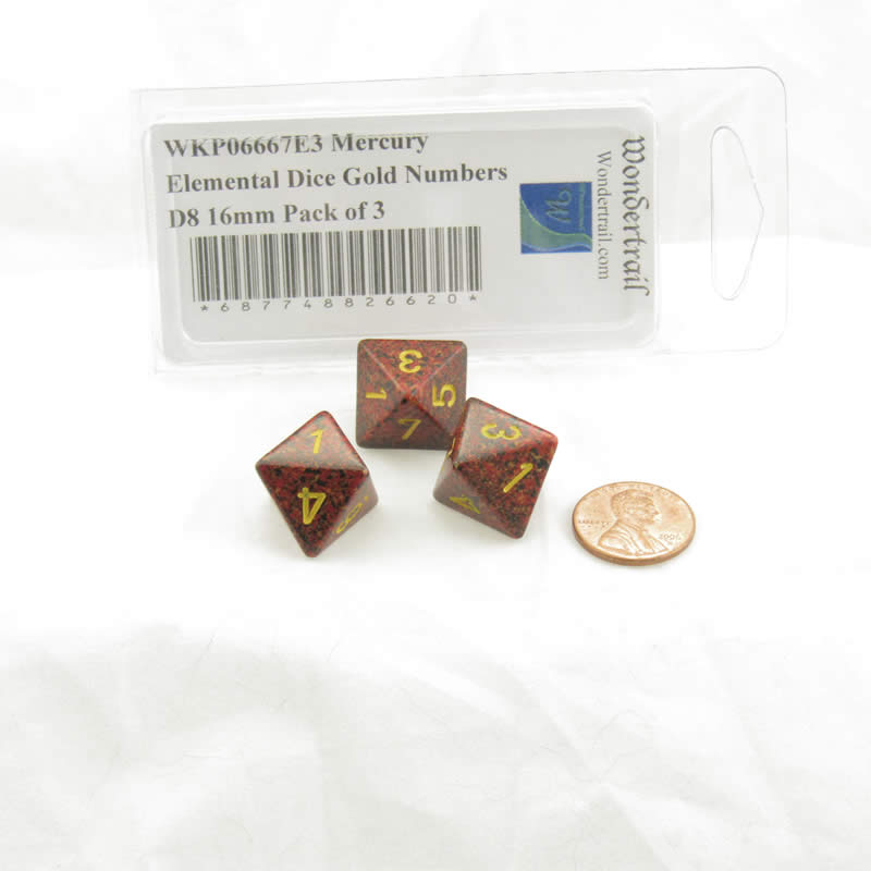 WKP06667E3 Mercury Elemental Dice Gold Numbers D8 16mm Pack of 3 (ONLINE ORDER ONLY)