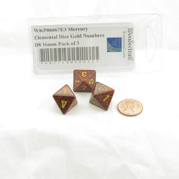 WKP06667E3 Mercury Elemental Dice Gold Numbers D8 16mm Pack of 3 (ONLINE ORDER ONLY)