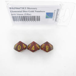 WKP06673E3 Mercury Elemental Dice Gold Numbers D10 16mm Pack of 3 (ONLINE ORDER ONLY)