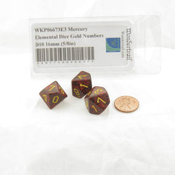WKP06673E3 Mercury Elemental Dice Gold Numbers D10 16mm Pack of 3 (ONLINE ORDER ONLY)