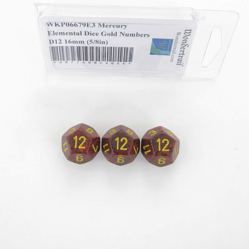 WKP06679E3 Mercury Elemental Dice Gold Numbers D12 16mm Pack of 3 (ONLINE ORDER ONLY)