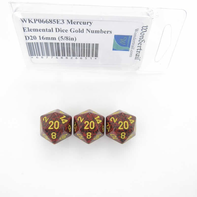 WKP06685E3 Mercury Elemental Dice Gold Numbers D20 16mm Pack of 3 (ONLINE ORDER ONLY)