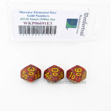 WKP06691E3 Mercury Elemental Dice Gold Numbers DT10 16mm Pack of 3 (ONLINE ORDER ONLY)