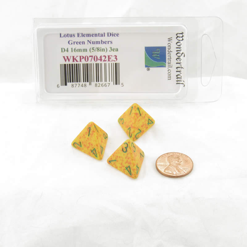 WKP07042E3 Lotus Elemental Dice Green Numbers D4 16mm (5/8in) Pack of 3 (ONLINE ORDER ONLY)