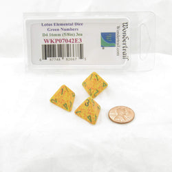 WKP07042E3 Lotus Elemental Dice Green Numbers D4 16mm (5/8in) Pack of 3 (ONLINE ORDER ONLY)