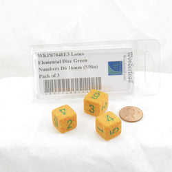 WKP07048E3 Lotus Elemental Dice Green Numbers D6 16mm (5/8in) Pack of 3 (ONLINE ORDER ONLY)