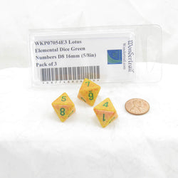WKP07054E3 Lotus Elemental Dice Green Numbers D8 16mm (5/8in) Pack of 3 (ONLINE ORDER ONLY)
