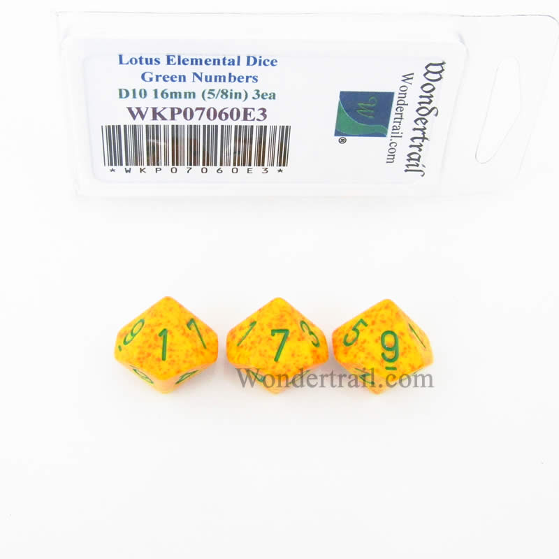 WKP07060E3 Lotus Elemental Dice Green Numbers D10 16mm (5/8in) Pack of 3 (ONLINE ORDER ONLY)